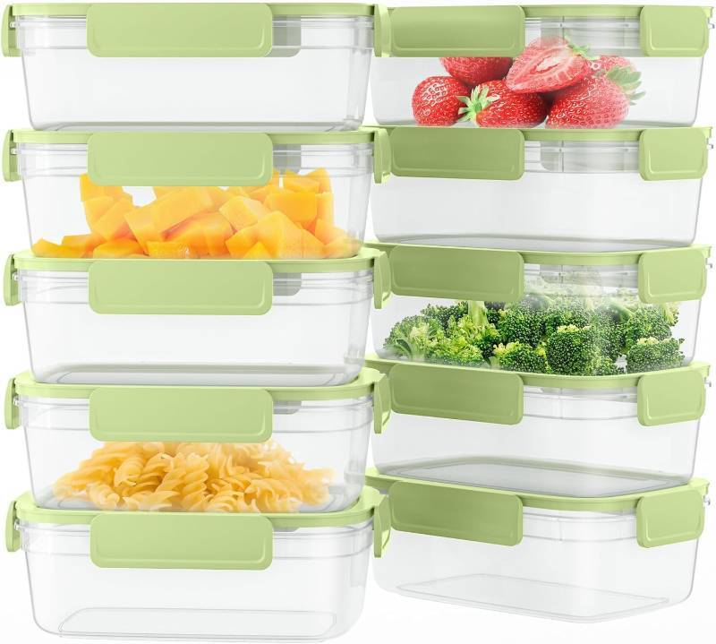 lot 2801 image: 10-Pack Food Storage Containers with Airtight Leakproof Lids, BPA-Free Meal Prep Containers for MicrowaveDishwasherFreezer, Green, 28.7oz Each
