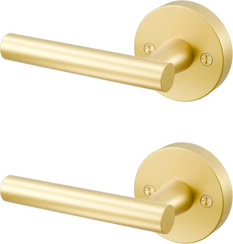 lot 5714 image: 2 Pack Brushed Gold Dummy Door Handles, Heavy Duty Hall Single Dummy Door Lever Handles Gold, Streamlined No-Turning Dummy Door Handles Gold, Brass Interiors Doors Handle for Closet