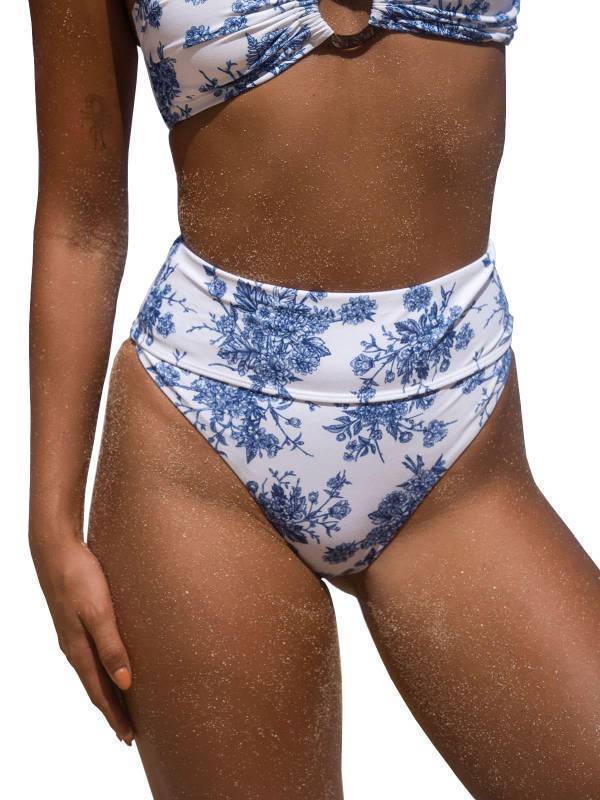 lot 35797 image: Womens Floral High Cut Wide Waistband Ribbed Tummy Control Coverage Bikini Bottom Blue. Medium  - Retail $35