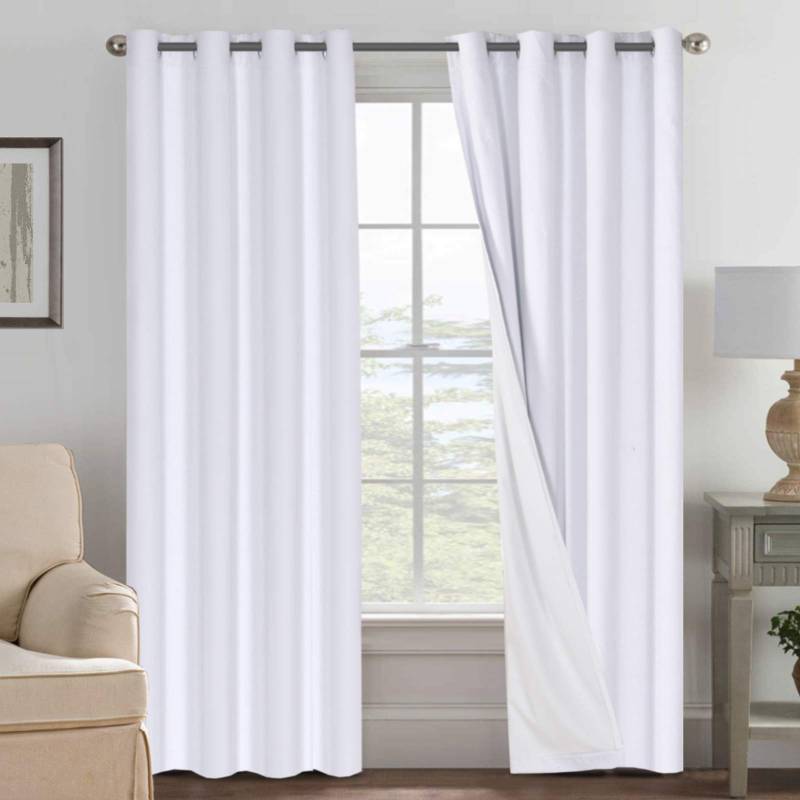 lot 35818 image: Linen Blackout Curtains 84 Inches Long 100% Blackout Thermal Insulated Textured Linen Look Curtain Draperies Anti-Rust Grommet, Energy Saving with White Liner, 2 Panels, Bright White - Retail $46