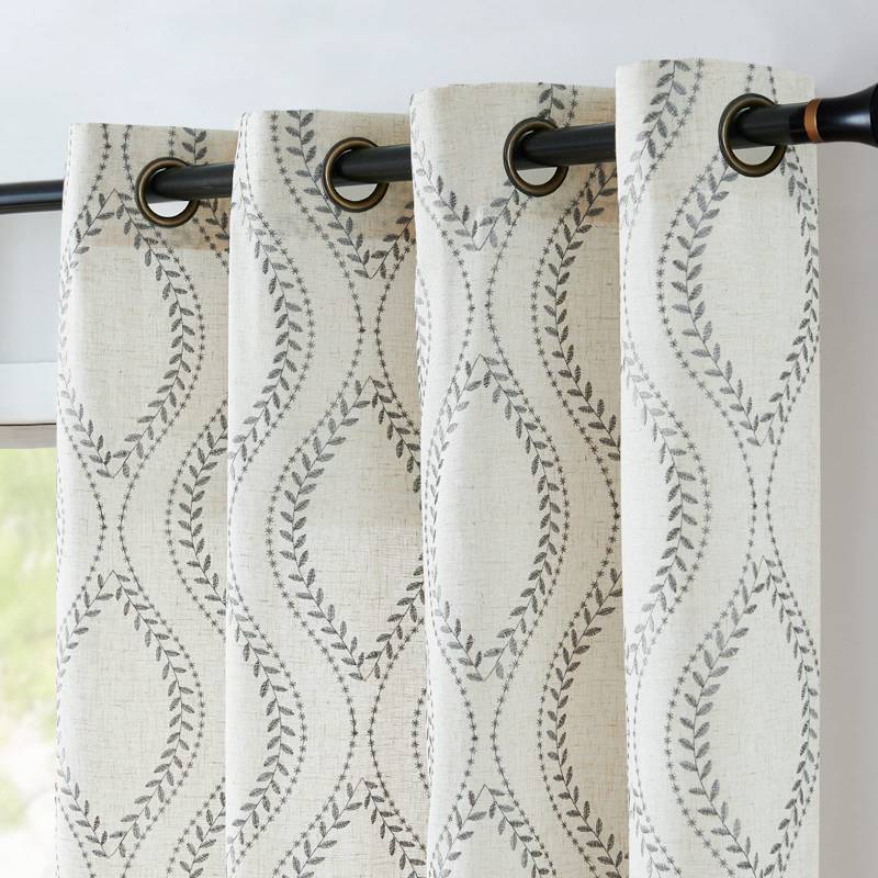 lot 35837 image: Boho Linen Blend Curtains Beige Farmhouse Curtains 63 Inches Long Grey Embroidered Leaf Living Room Ogee Geometry Drapes Light Filtering Grommet Country Drapes 2 Panels Gray on Flax - Retail $47