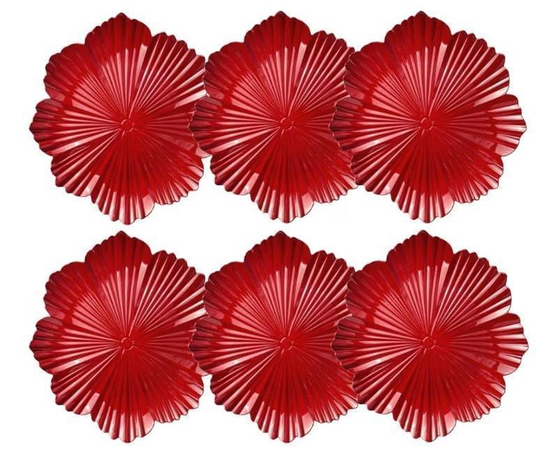lot 37523 image: Red Charger Plates Flower Shape, 13 Inch. Set of 6 Plastic, Table Setting, Party, Wedding. EVERY PLATES HAVE SMALL SCRATCHES, PRESUMABLY FROM PLATES THAT WERE SET ON TOP OF THEM. See Photos for Examples. - Retail $36