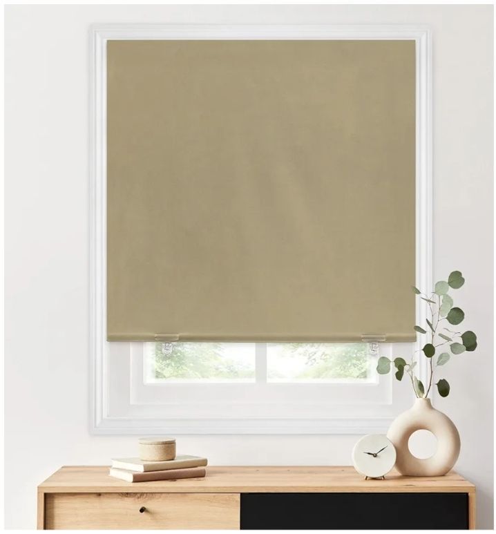 lot 37573 image: LazBlinds 100% Blackout Roller Shades, No Tools No Drill Cordless Blinds for Windows, Thermal Insulated UV Protection Privacy Window Shades for Bedroom (48W x 72H, Beige) - Retail $30