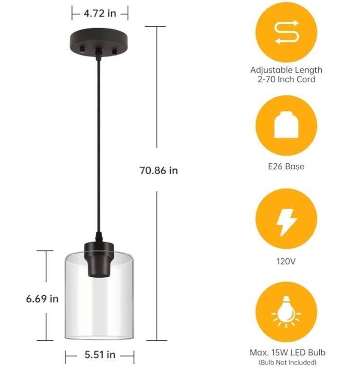 lot 46039 image: Modern Pendant Light Fixtures, Industrial Hanging Ceiling Lamp with Clear Glass Shade, Farmhouse Black Pendant Lighting for Kitchen Island Decor Living Room Hallway Bedroom Dining Hall Bar - Retail $30