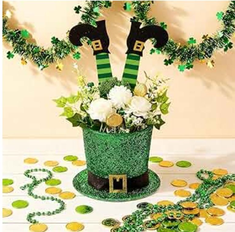 lot 57782 image: St. Patricks Day Hat Flower Pot Set Irish Green Leprechaun Top Hat Shape Buckle Flower Arrangement Container Simulated Bouquet with Shamrock  - Retail $33