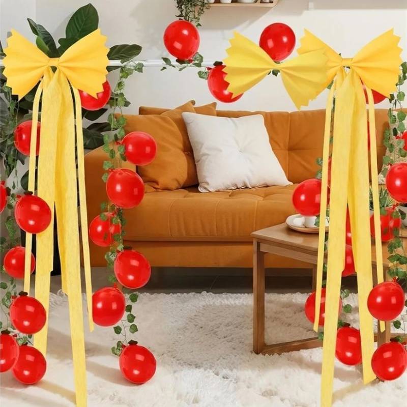 lot 72544 image: Pasta Party Decorations Kit DIY Spaghetti Birthday Decorations Include 6 Pcs Bubble Cotton Bows 82 ft Crepe Paper Roll 2 Vine 20 Balloons Italian Themed Decor for Pasta Birthday Party Supplies - Retail $33