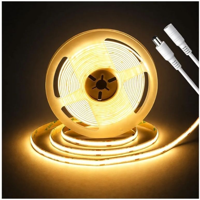 lot 17344 image: Gold Yellow COB LED Strip Light 16.4ft, DC 24V 320 LEDsm Dotless LED Tape, 8mm Flexible Cuttable Strip for Cabinet Shelf Bedroom Accent Lighting, Power Supply Not Included - Retail $18