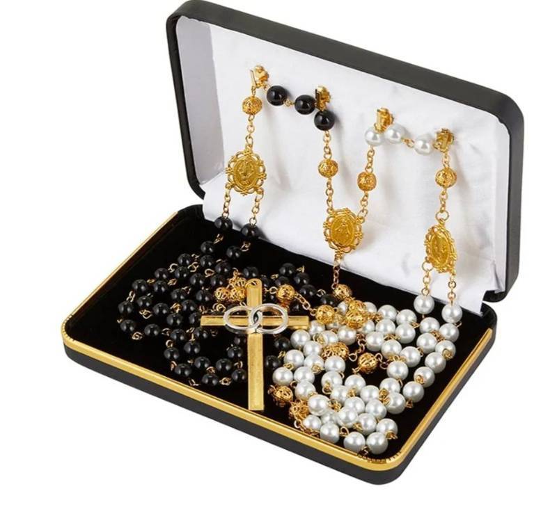 lot 17408 image: Rosary Lasso for Wedding Ceremony with Case, Gold Tone Crucifix and Medals with Black and Ivory Beads, Traditional Catholic Marriage Lazo Cord Unity Rope. - Retail $40