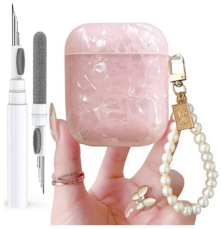 lot 27940 image: Cute Glitter Airpods 21 Gen Case with Cleaner Pen,Shell Pattern Airpods 2nd1st Generation Cover Protective Skin Girl Women with Luxury Pearl Keychain for Apple iPod 2nd1st Gen - Pink - Retail $9