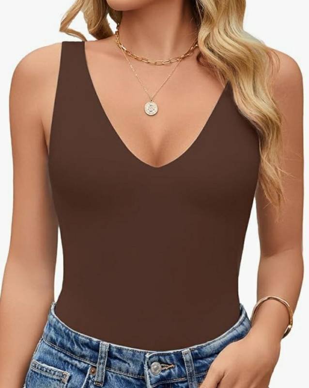 lot 28022 image: Womens Sexy Plunge Deep V Neck Bodysuit Double Lined Sleeveless Thong Body Suit Leotard for Going Out Tank - Retail $20