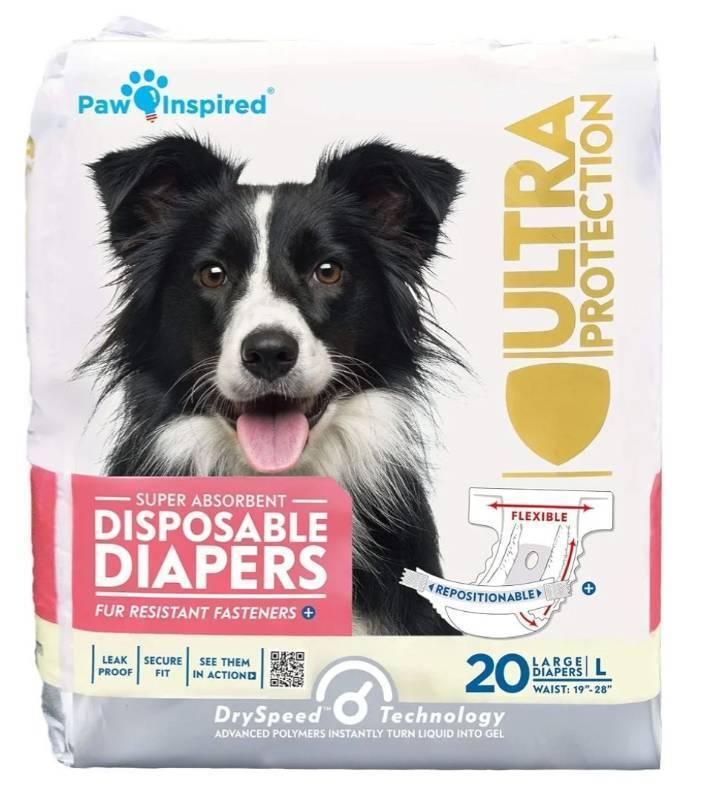 lot 28078 image: Paw Inspired 20ct Disposable Dog Diapers  Female Dog Diapers Ultra Protection  Diapers for Dogs in Heat, Excitable Urination, or Incontinence (Large) - Retail $23