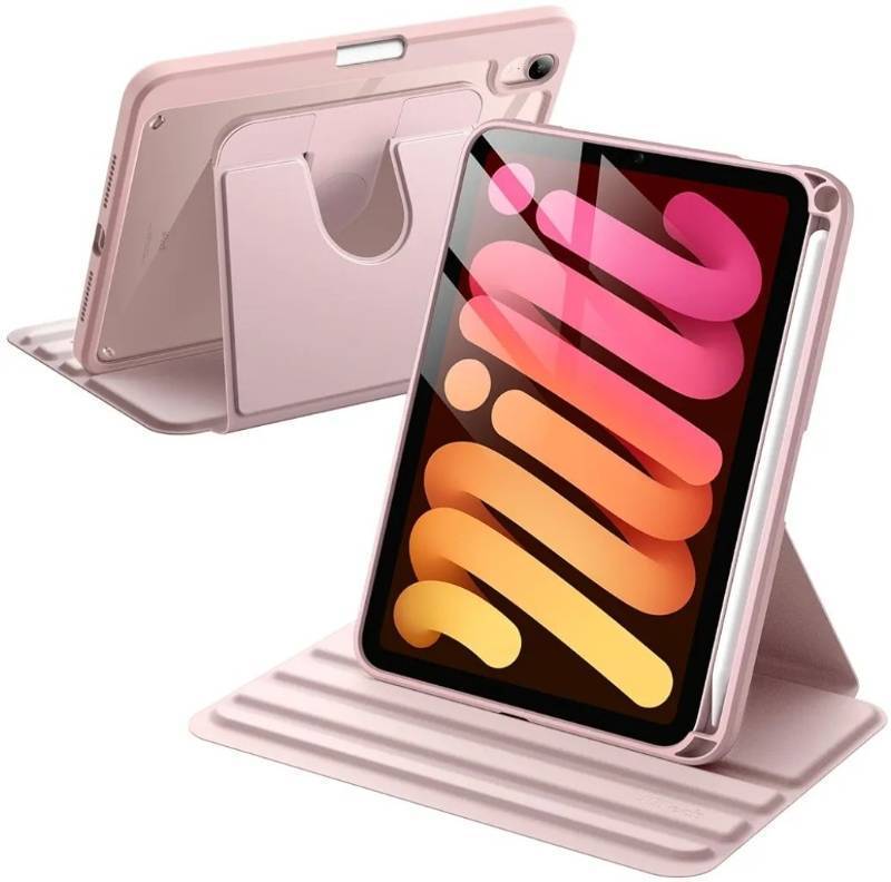 lot 28085 image: Rotating Case for iPad mini (A17 Pro, 2024 Model, 7th Generation)  mini 6 (2021 Model, 6th Generation) with Pencil Holder, 360 Degree Rotation Protective Stand Cover Clear Back (Pink) - Retail $19