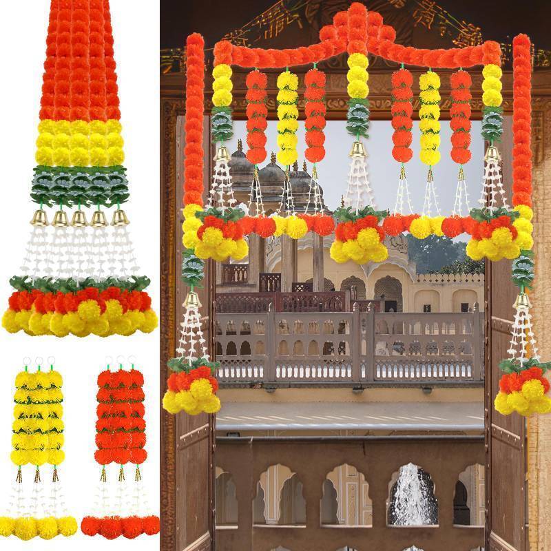 lot 38218 image: 11PCS Diwali Decorations Marigold Garland for Home, Artificial Marigold with Bells and Leaves Long Strands for India Wedding, Pooja Decor, Marigold Flowers for All Year Decoration - Retail $30