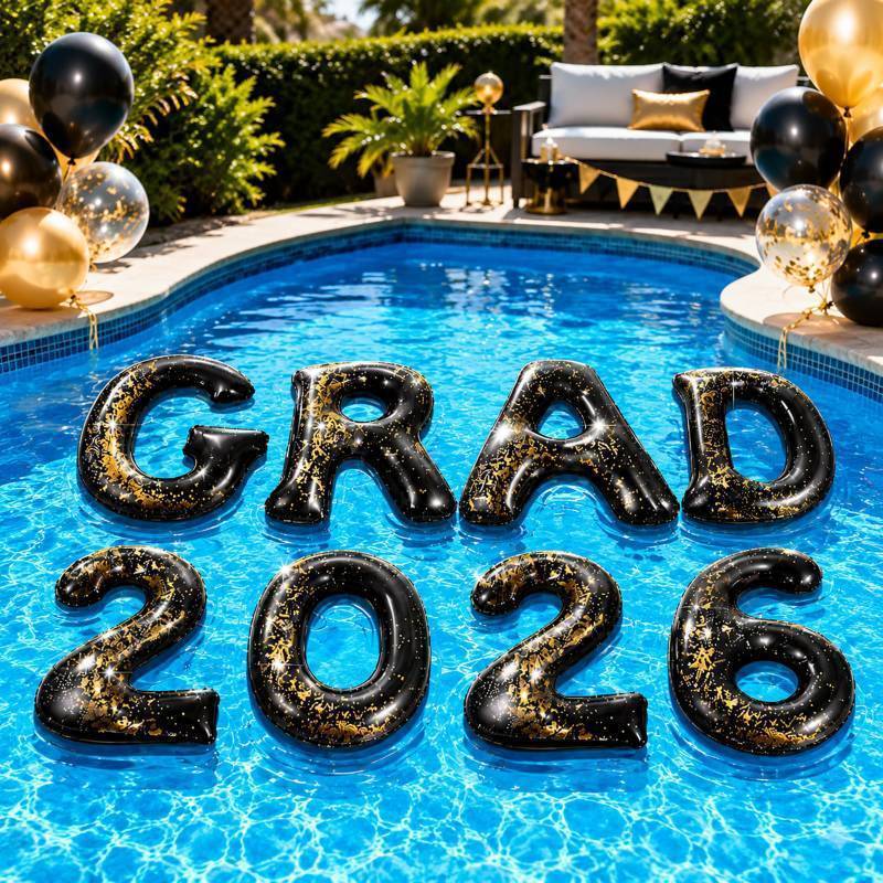 lot 38237 image: Graduation Pool Party Decorations Grad 2026 Pool Floats Gold Glitter Inflatable Floating Letter Number PVC 20x15 Inch for Congrats Class of 2026 Photo Prop Decor(Black) - Retail $20