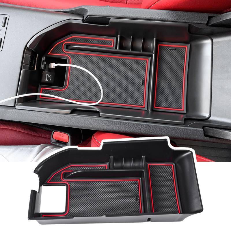 lot 38241 image: Center Console Organizer Tray Compatible with Toyota Camry XLE XSE 2018-2024 and Camry LE SE 2020-2023 2024 Accessories Armrest Secondary Storage Box ABS Insert Tray, Fit Dual USB Ports,Red - Retail $12