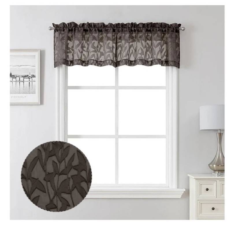 lot 62796 image: Sheer Chocolate Brown Window Curtains for Kitchen 14 Inch Length 2 PCS, Dual Rod Pockets Window Living Room Curtain Valance, Jacquard Clip Textured Leaf Short Bedroom Drapes, 38 W x 14 L - Retail $9