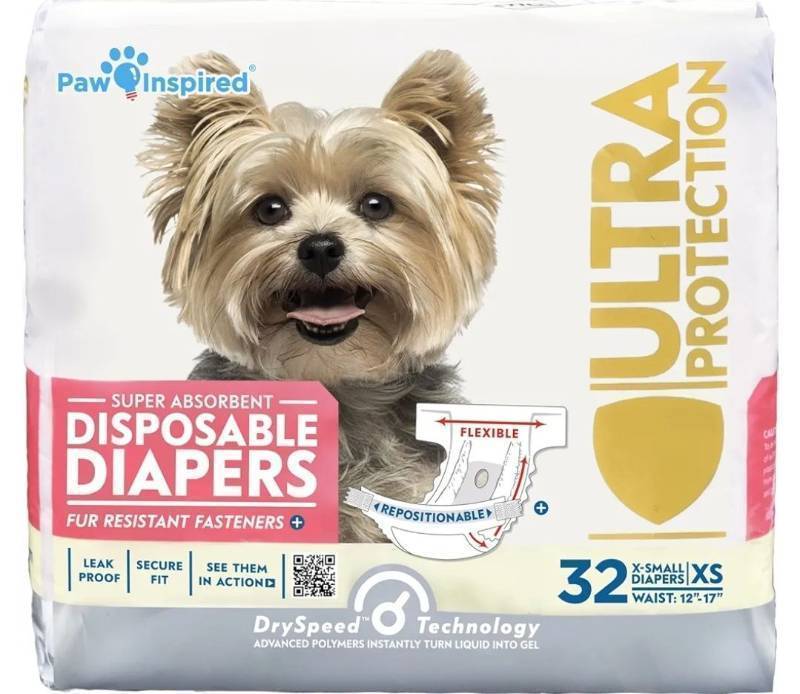lot 63308 image: Paw Inspired 32ct Disposable Dog Diapers  Female Dog Diapers Ultra Protection  Diapers for Dogs in Heat, Excitable Urination, or Incontinence (X-Small) - Retail $17
