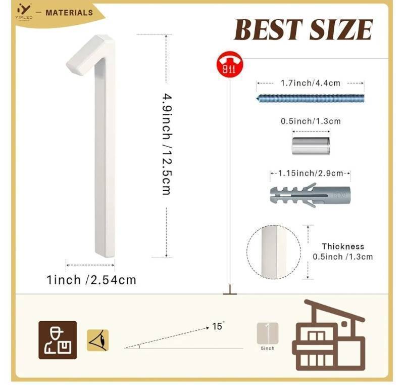 lot 63311 image: 5 Inch House Numbers for Outside, Metal Address Number 1- Modern Design, Weather-Resistant White Crystal Powder Coated Finish, Stain Resistant, No Paint Peeling (White) - Retail $7