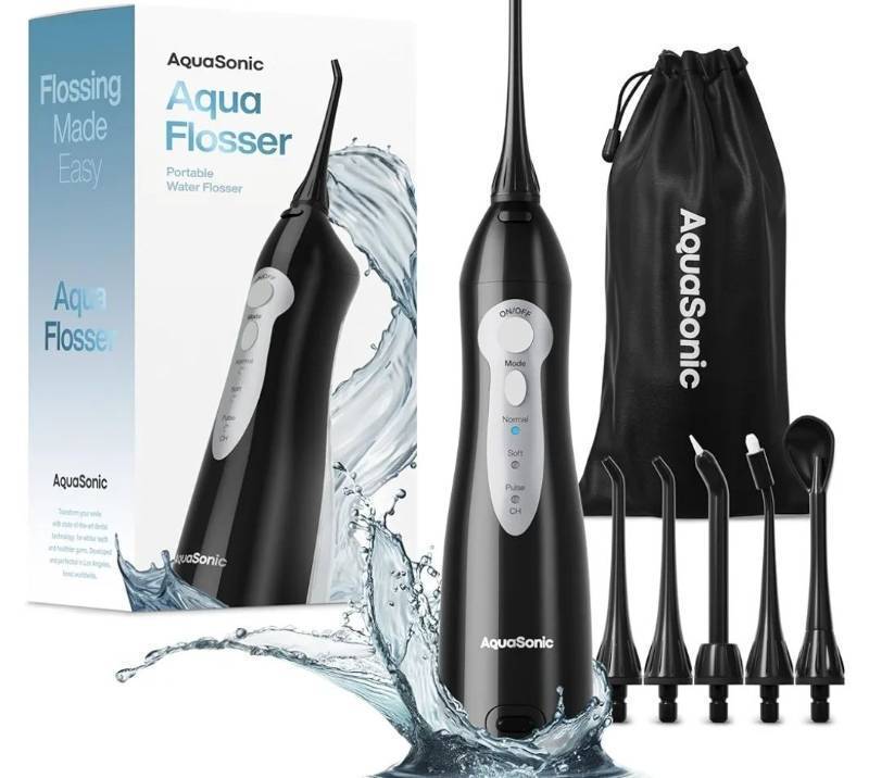 lot 63453 image: AquaSonic Aqua Flosser - Cordless Rechargeable Water Flosser for Teeth - Waterproof, Portable Oral Irrigator for Dental Cleaning with 5 Jet Tips �� Braces Home Travel - Retail $50