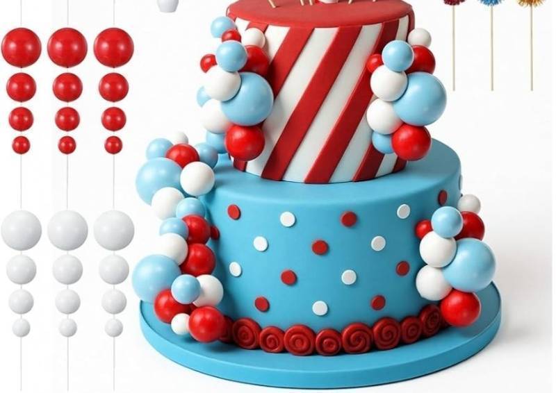 lot 63496 image: Red Blue White Cake Ball Topper Red and white, blue Decorations for Graduation Party Wedding Birthday - Retail $9