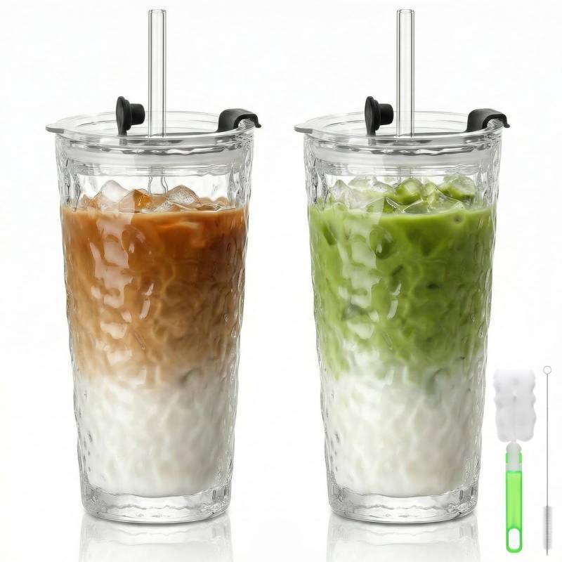 lot 63998 image: 2 Pack Glass Tumblers with Lids and Straws, 18 Oz High Borosilicate Iced Coffee Cup, Leak-Proof Reusable Drinking Cups for Smoothies, Tea, Juice, Milk, HotCold Beverages - Retail $9