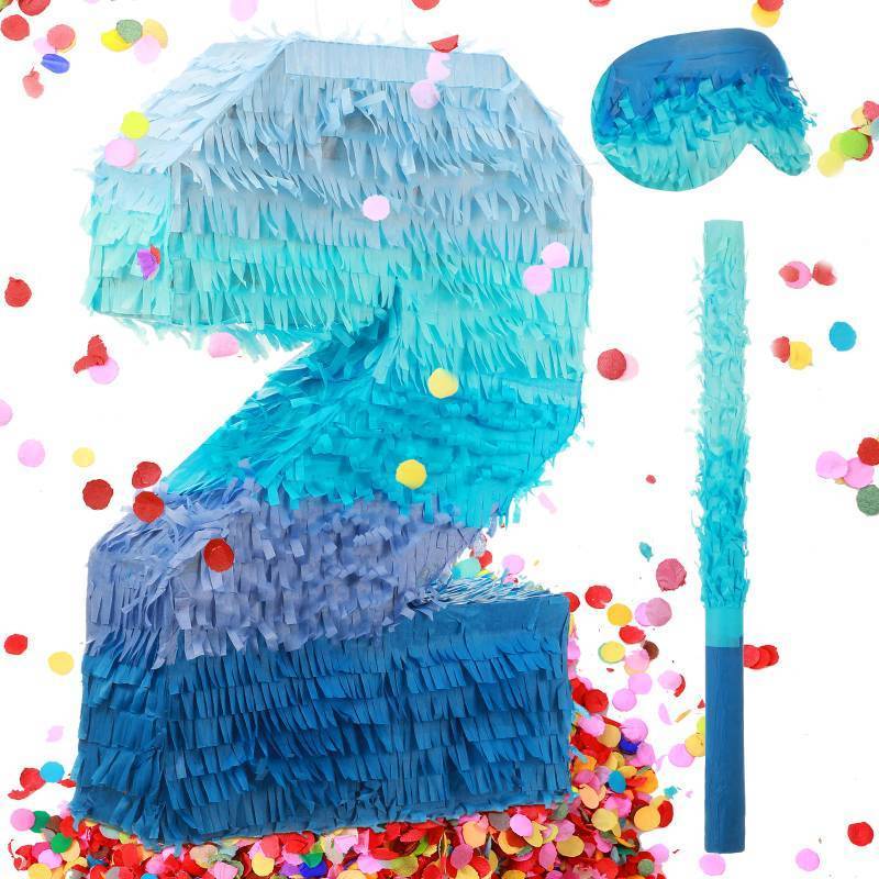 lot 64022 image: Sratte Number 1 2 3 4 5 6 7 8 9 Pi�ata with Stick Blindfold Confetti, Gradient Blue Pi�ata for Kids Boys Girls Birthday Party Anniversary Decorations Supplies(Number 2) - Retail $28