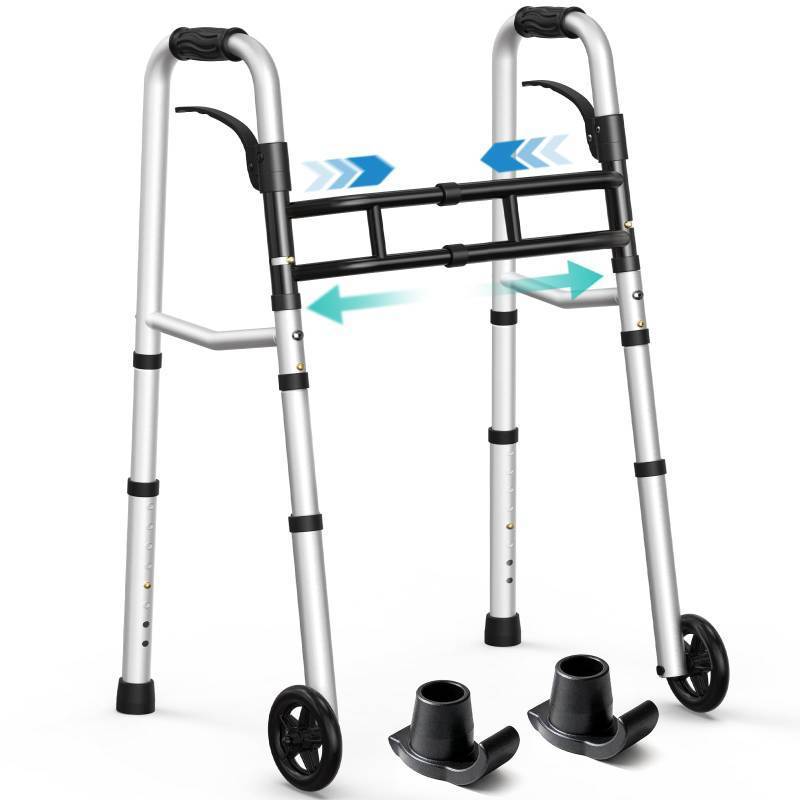 lot 64048 image: Narrow Walkers for Seniors, Folding Walker with Skis and 5 Wheels for Small Spaces, Adjustable Width & Height, Aluminum Lightweight Standard Rolling Walker, Support Up to 350lbs, Silver - Retail $80