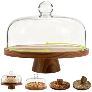lot 58939 image: Acacia Wood Cake Stand with Scratch-Resistant Glass Dome Lid �� 12-Inch Round Cake Holder with Screw-Type Base, Wooden Dessert Display Stand with Cover for Cakes, Pastries, Cheese & Charcuterie - Retail $46