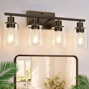 lot 58954 image: 4-Light Bathroom Light Fixtures, Oil-Rubbed Bronze Modern Vanity Lights with Clear Glass Shades, Bathroom Wall Lamp for Mirror Living Room Cabinet Bedroom Porch - Retail $65