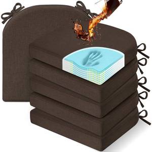 lot 58955 image: Memory Foam Linen Kitchen Chair Pads with Ties, Chair Cushions for Dining Chairs, 17 x 16 x 2.5, Dark Brown, 6 Pack - Retail $70