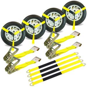 lot 58960 image: Economy Car Tie Down Kit with 4 Lasso Straps, 4 Flat Hook Ratchets, and 4 Free 36 Inch Axle Straps - 3,300 Pound Safe Working Load - Retail $69