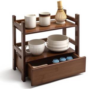 lot 58985 image: 2 Tier Matcha Station Bamboo Organizer with Hidden Drawer, Wood Home Coffee Station Organizer for Kitchen Countertops, Coffee Bars, Kitchen & Office Storage(13 L x 6.5 W x 12.6 H)(Brown), SCRATCHES ON FRONT OF DRAWER. - Retail $34