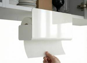 lot 58986 image: Under Cabinet Paper Towel Holder - Glossy White Drop-in Installation, No Drill Steel Dispenser - Fits Standard Size Rolls & Folded Tissues (NOT for JumboMega Rolls) - Retail $15