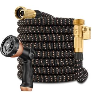 lot 58988 image: 75 ft Expandable Garden Hose w10 Pattern Thumb Spray Nozzle, 650psi Pure Brass 34 Fittings Lightweight, Durable, and Kink-Free(Black Rose Gold) - Retail $132