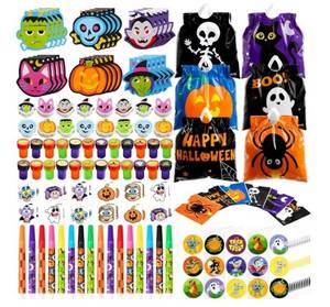 lot 59005 image: 168 Pcs 24 Pack Assorted Halloween Art and Craft Stationery Kids Gift Set Trick or Treat Party Favor Toy Including Halloween Bag - Retail $20