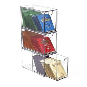 lot 59009 image: 3 Drawers Tea Bag Organizer, Clear Acrylic Stackable Tea Bag Storage Holder for Kitchen Pantry, Coffee Pod Snack Storage for Countertop Cabinet - Retail $19