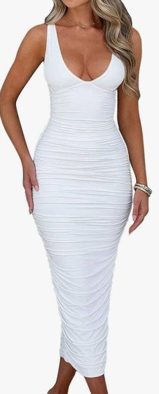lot 17338 image: BEAGIMEG Womens Sexy Ruched Sleeveless Deep V Elegant Cocktail Evening Party Maxi Dress XL - Retail $36