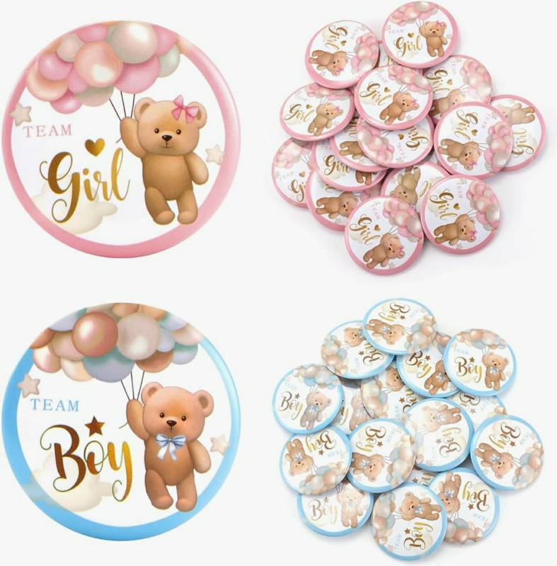 lot 17366 image: Gender Reveal Pins, 1.5 Inch Team Boy or Girl Pins with Cute Bear Design, Perfect for Gender Reveal Party Decorations & Game Activities 19 GIRL 24 BOY - Retail $10