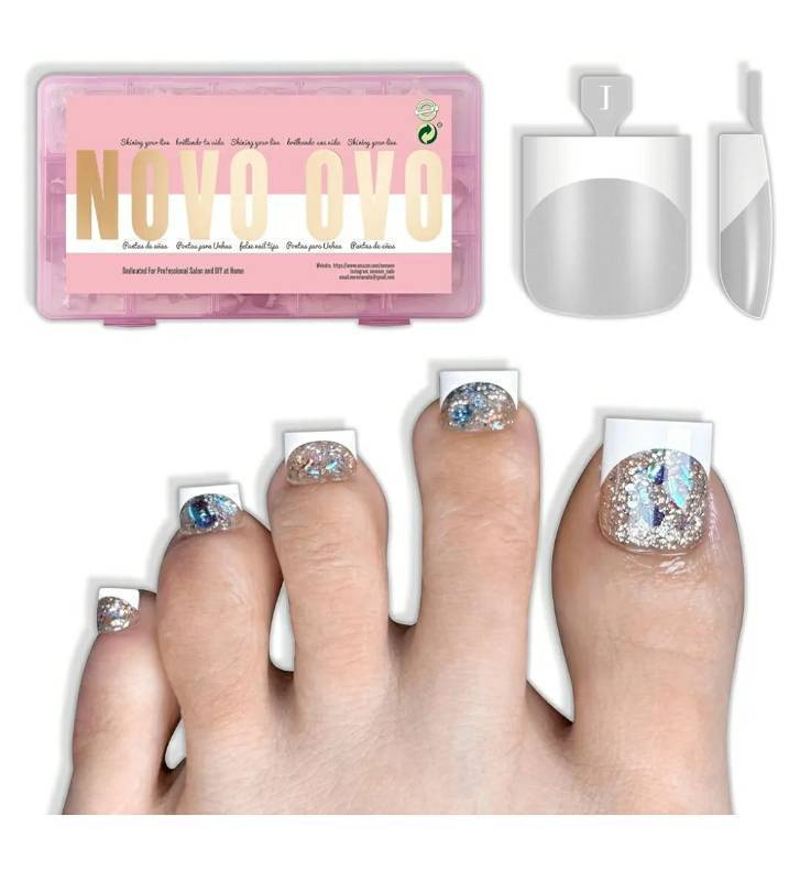 lot 17452 image: Clear Press on Toenails, Toe Nail Press ons for Women, White French Tip Sharp Square Pre-Designed Soft Gel Thick False Toenail Extension, Full Cover Acrylic for DIY x 15 Sizes 150 pcs - Retail $15