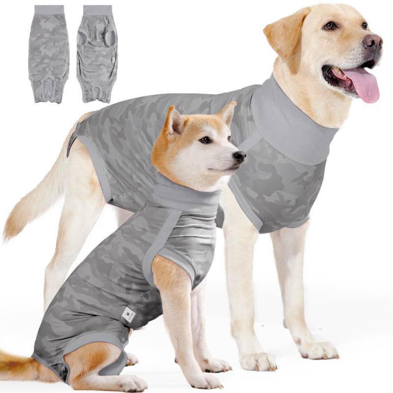 lot 17601 image: Dog Recovery Suit, Spay Surgical Onesie for Female Dog After Surgery Anti-Licking, Pet Recovery Shirt for Male Dogs Alternative E-Collar&Cone (Camouflage Gray, XXX-Large) - Retail $22