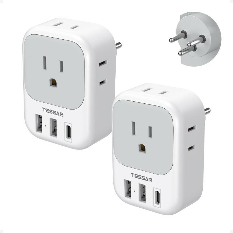 lot 17677 image: TESSAN Israel Adapter Plug 2 Pack, 7 in 1 US to Israel Power Adapter with 3 USB Ports (1 USB C Port) 4 American Outlets, Type H Travel Adaptor for USA to Jerusalem - Retail $28
