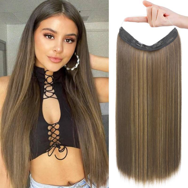 lot 17698 image: Invisible Wire Hair Extensions with Transparent Headband Adjustable Size Removable Secure Clips in Straight Secret Hairpiece for Women (20 Inch (Pack of 1), Chocolate Brown with Highlights) - Retail $19