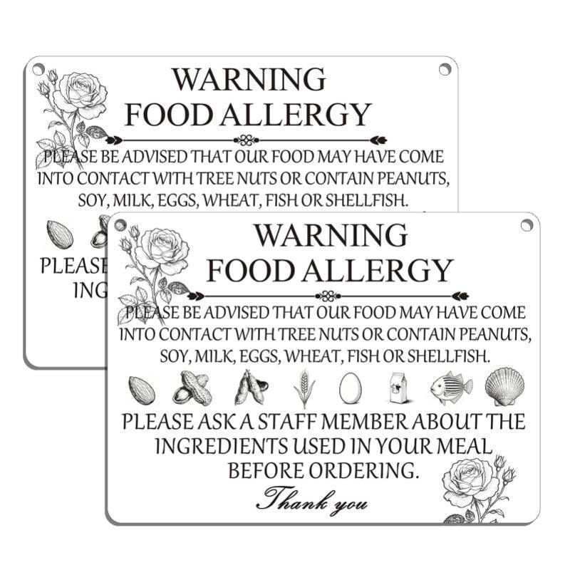 lot 17711 image: Food Allergy Sign, 10 x 7 Thick Acrylic Self-Adhesive Warning Sign For Home Cafe Bar, Easy to Install (White) 1pcs  - Retail $16