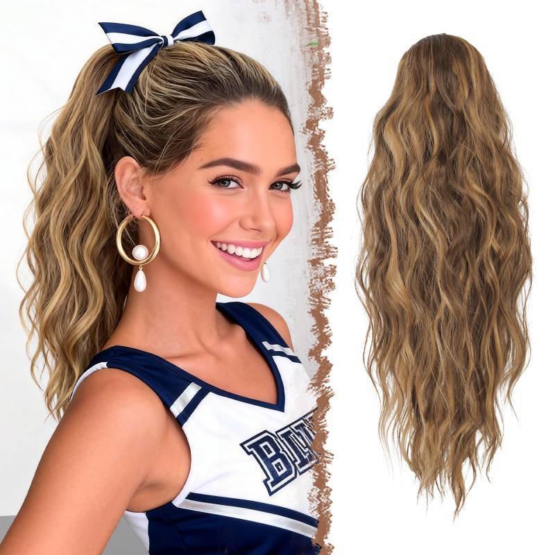 lot 17728 image: Ponytail Extensions - Drawstring Ponytails Hair Extension Long Curly Wavy Hair Piece Synthetic Pony Tail Hairpieces for Women, Golden Brown Mix Blonde 18 inch - Retail $19