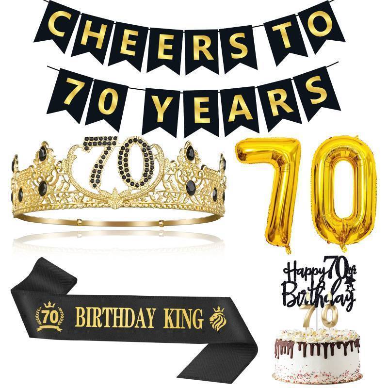 lot 17749 image: 70th Birthday Gifts for Men, 70th Birthday Decorations for Men, Party Decor Supplies including King Crown & Sash & Banner & Balloons & Cake Topper & Candles - Retail $20