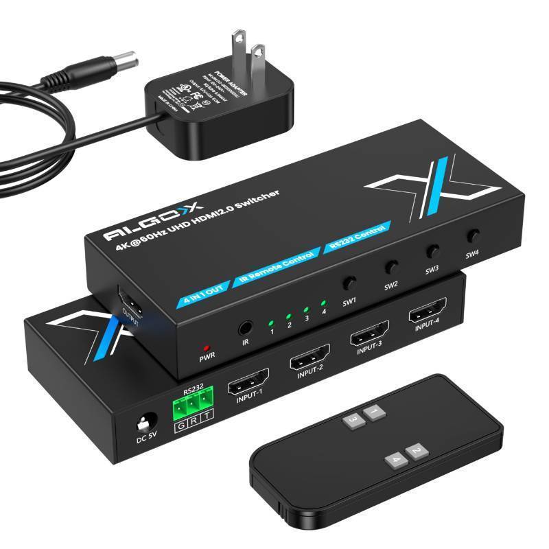lot 28175 image: 4K60Hz HDMI Switch 4 in 1 Out 1080P120Hz HDMI Switcher 4 Ports Selector with Remote Support 18Gbps HDR 10 Dolby VisionAtmos HDCP 2.2, RS232 Control - Retail $35
