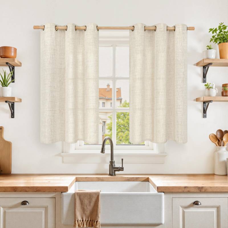 lot 28201 image: Linen Kitchen Window Curtains 40 Inches Long, Short Drapes Light Filtering with Bronze Grommet Rustic Semi Sheer for Bathroom Small Windows, 42 x 40 Inch, 2 Panels - Retail $14