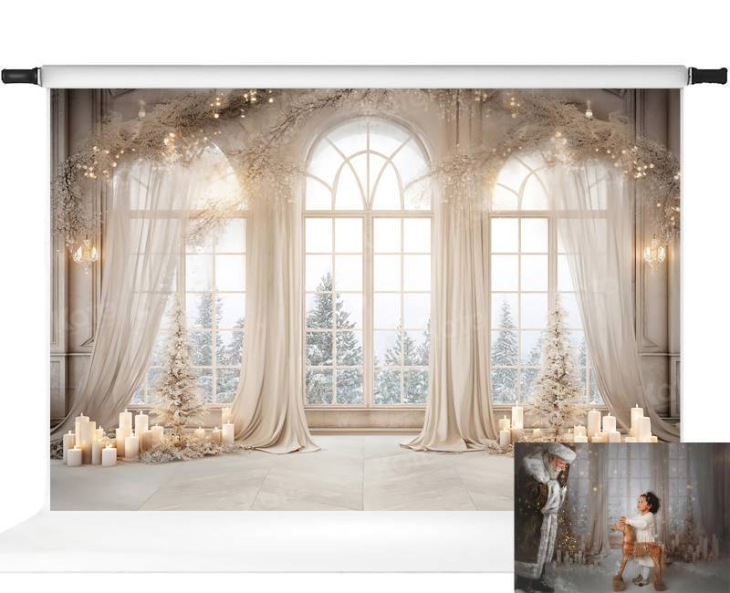 lot 35025 image: Kate Winter Wonderland Backdrop Snowy Window Scene Candlelight Warmth Photo Background for Romantic Photography Studio Props, 10x6.5ft - Retail $85