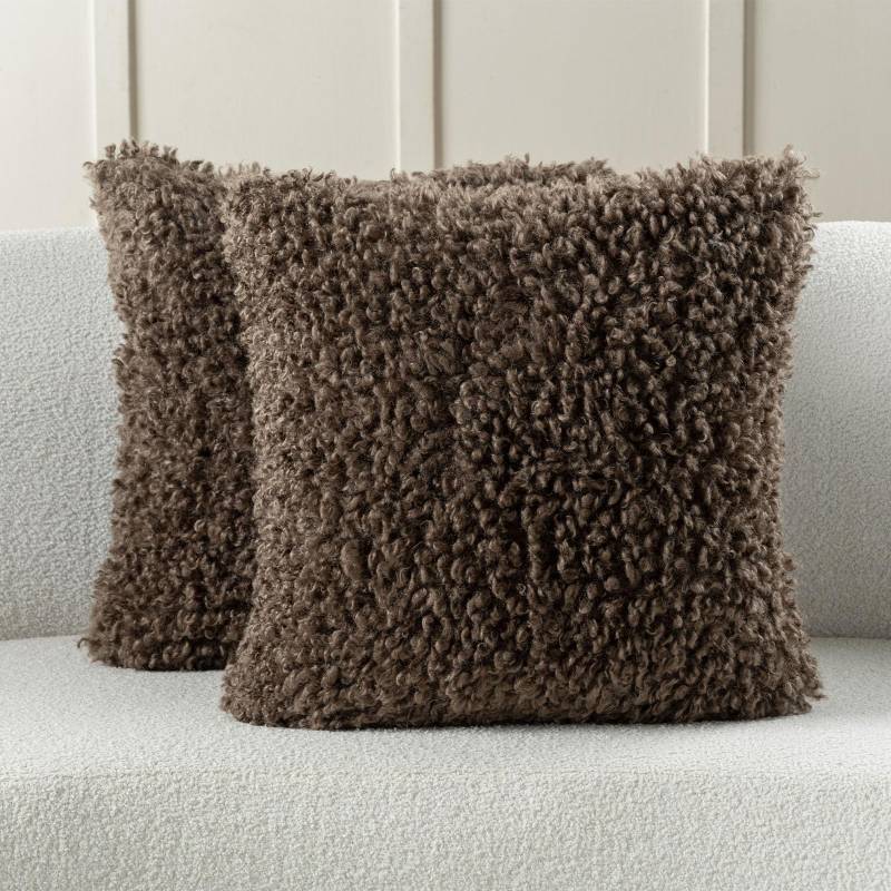 lot 35828 image: Chocolate Decorative Throw Pillow Covers 24x24 Inch Set of 2,Soft Fluffy Faux Wool Fur Boucle Textured European Cushion Case, Modern Home Decor for Couch Bed Living Room Office - Retail $37