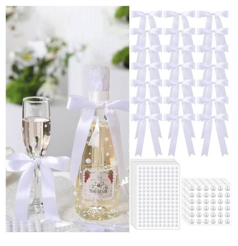 lot 37109 image: 24 Pcs Wedding Wine Bottle Decorations Champagne Flutes Wrapping White Ribbon Bows with Pearl Stickers Bridal Shower Marriage Wedding Gifts Bride and Groom Bachelorette Engagement Party Decor - Retail $16